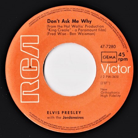 Elvis Jahreszahlcover 1958 Hard Headed Woman/Don´t Ask Why