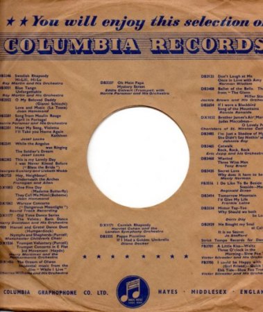 Plattenhülle Rückseite von "Frankie Laine's 78ger Schellack "The girl in the wood" Columbia D.B. 2907
