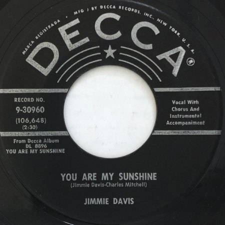 YOU ARE MY SUNSHINE bereits 1956 auf 45 RPM